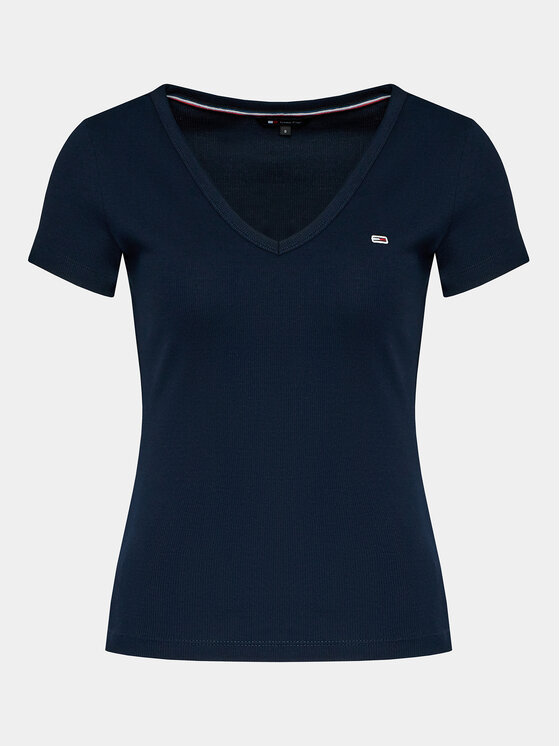 Tommy Jeans Tommy Jeans Tričko Tjw Slim Essential Rib V Ss DW0DW17385 Tmavomodrá Slim Fit