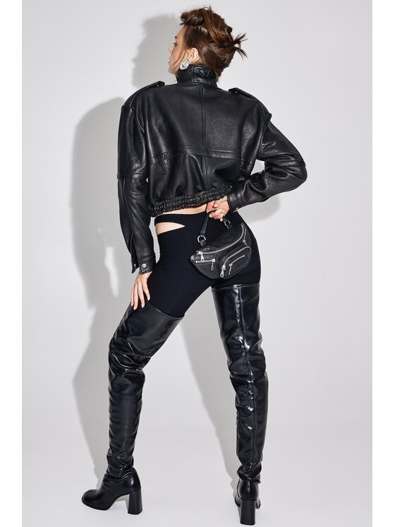 Mimika Mimika Kurtka skórzana bomber n^7 absolute black z teksturowanej skóry Czarny Oversize