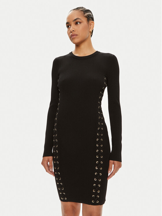 MICHAEL Michael Kors Trikotāžas kleita Ribbed Stretch Knit Lace-Up MT482FQ5ZV Melns Slim Fit