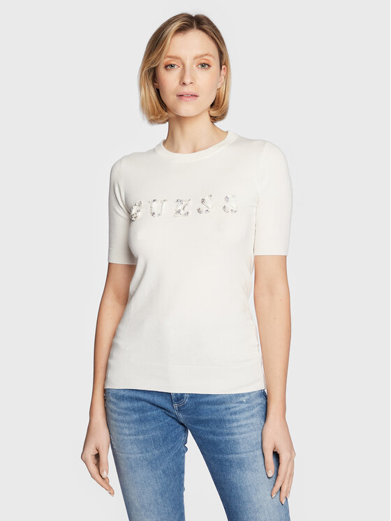 Guess Pulover W3RR46 Z2NQ2 Écru Slim Fit