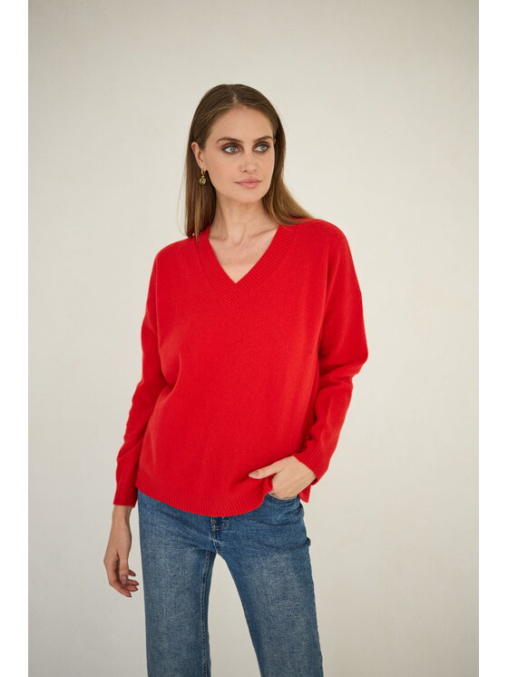 Sweter Entelier, Rozmiar OS, Czerwony, kaszmir dekolt w serek
