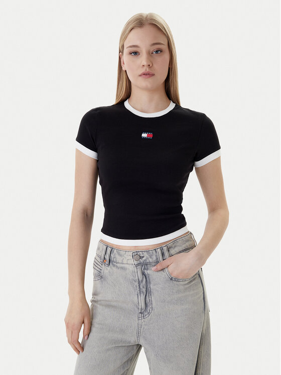 Tommy Jeans Tricou Badge DW0DW22575 Negru Slim Fit