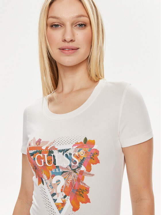 Guess Guess Tricou Ss Cn Tropical Train W4GI62 J1314 Écru Slim Fit