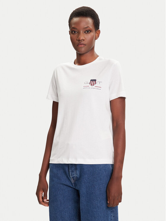 Gant Gant T-Shirt Bisiklet Yaka 4200277 Biały Regular Fit