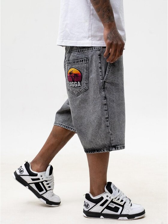 Jigga Wear Jigga Wear Szorty jeansowe Szerokie luźne za duże bagy palmy zachód 130780 Szary Baggy Fit