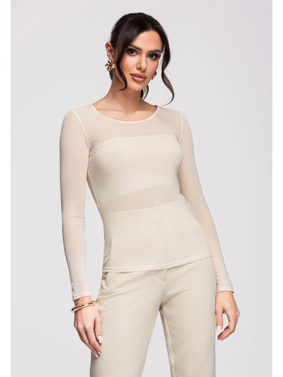 Ombre Ombre Bluzka OW-TS-E0016 Beżowy Slim Fit