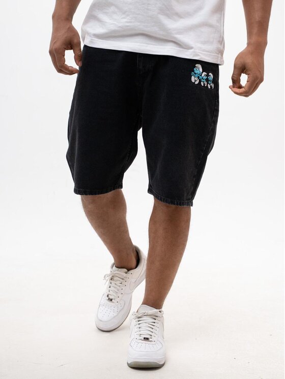 Smerfy Smerfy Szorty jeansowe Krótkie Spodenki Szerokie Luźne Gargamel Pocket M Czarny Baggy Fit