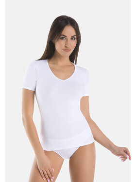 Teyli Teyli T-Shirt Koszulka bawełniana dekolt V Biały Standard Fit