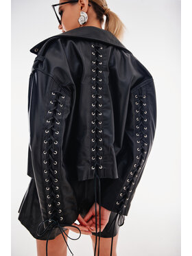 Mimika Mimika Kurtka skórzana Kurtka skórzana oversize z wiązaniami ELLA Czarny Oversize