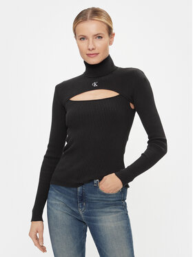 Calvin Klein Jeans Calvin Klein Jeans Krekls ar augstu apkakli 2 In 1 Cut Out Tight Sweater J20J222621 Melns Slim Fit