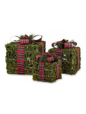 MIAhome MIAhome Figurka Dekoracja LED - 3 szt. 30x27, 25x22, 12x16 cm pudełek z czerwoną kraciastą wstążką Kolorowy