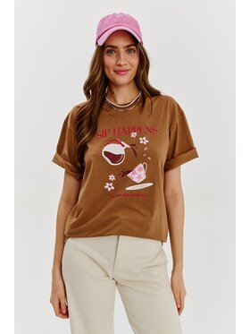 NAOKO NAOKO T-Shirt Sip Happens Brązowy Regular Fit