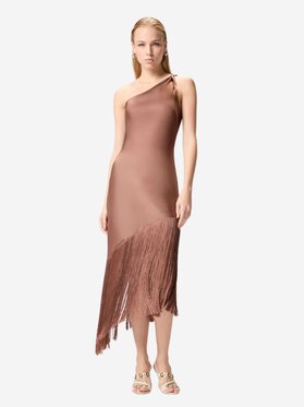 PINKO PINKO Abito da sera Abito corto monospalla in satin con frange Marrone Regular Fit