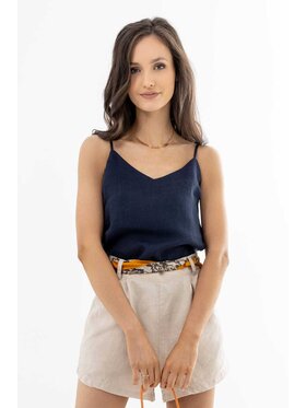 Lunedi Lunedi Top lniany z dekoltem V Granatowy Regular Fit