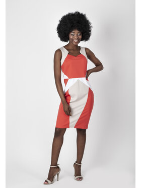 Perso Perso Sukienka letnia ołówkowa w geometryczne wzory Koralowy Slim Fit