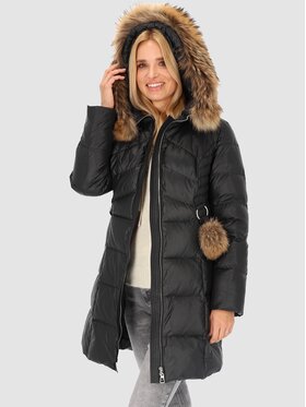 Perso Perso Kurtka zimowa z futrem przy kapturze Czarny Slim Fit