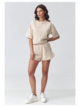 Makadamia Makadamia Komplet bluzka i szorty sportowe M918 Beżowy Loose Fit
