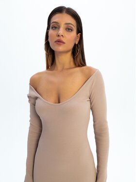 Nudyess Nudyess Sukienka dzianinowa Arizona Midi z prążka Beżowy Fitted Fit