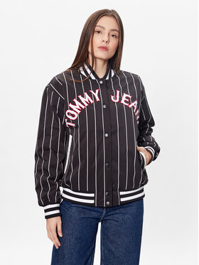 Tommy Jeans Tommy Jeans Bomber striukė Pinstripe Letterman DW0DW15336 Juoda Relaxed Fit