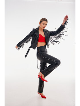 Mimika Mimika Kurtka skórzana Empire Ramoneska basic z odpinanymi frędzlami Czarny Regular Fit