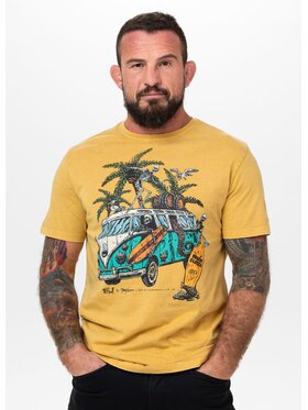 PITBULL PITBULL T-Shirt Koszulka męska Denim Washed OPEN BEACH S Żółty Regular Fit