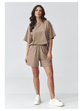 Makadamia Makadamia Komplet bluzka i szorty sportowe M935 Brązowy Loose Fit