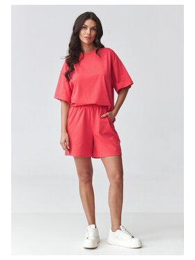 Makadamia Makadamia Komplet bluzka i szorty sportowe M935 Koralowy Loose Fit
