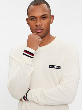 Tommy Hilfiger Pulover Global Stripe Crew Nk MW0MW33502 Écru Regular Fit