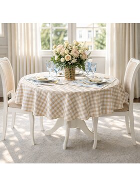 Roseberry Home Roseberry Home Obrus Okrągły bawełniany w biało-beżową kratę Beige Gingham Beżowy