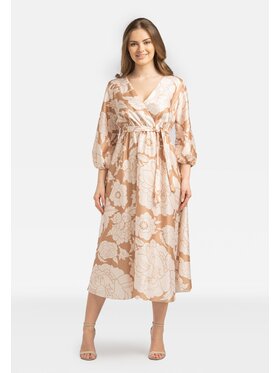 Perso Perso Sukienka letnia z wiskozy w kwiaty Beżowy Slim Fit