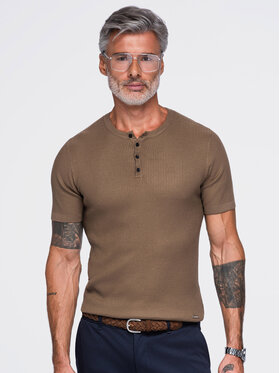 Ombre Ombre T-Shirt OM-TSCT-0304 Brązowy Slim Fit
