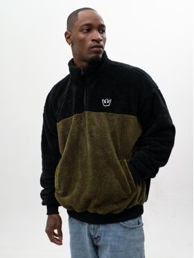 Jigga Wear Jigga Wear Bluza Sherpa Rozpinana Do Połowy Polarowa Miś Męska Oversize Czarna Oliwkowa Jigga Track M Czarny Regular Fit