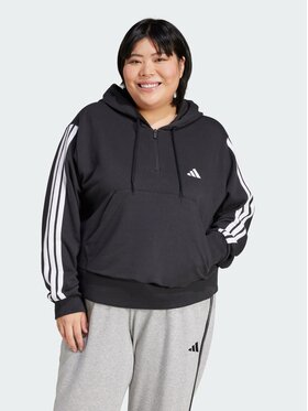 adidas adidas Bluza Essentials 3-Stripes French Terry Quarter-Zip Hoodie (Plus Size) Czarny Loose Fit