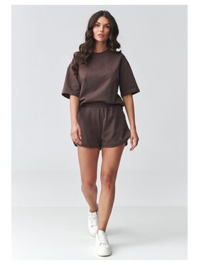 Makadamia Makadamia Komplet bluzka i szorty sportowe M918 Brązowy Loose Fit