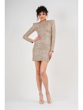 Bluzat Bluzat Sukienka wieczorowa Złota Sukienka Mini z Cekinami i Oversize'owymi Ramionami Złoty Feminine Fit