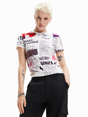 Desigual Desigual Тишърт Newspaper 23SWTK61 Бял Regular Fit