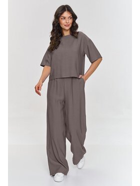 Makadamia Makadamia Komplet bluzka i spodnie m881 Brązowy Loose Fit