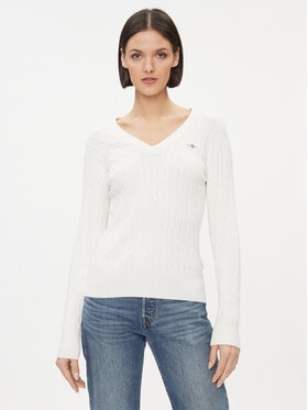 Gant Gant Džemperis Stretch Cotton Cable V-Neck 4800101 Écru Slim Fit