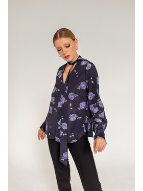 Entelier Entelier Bluzka wiązana z szarfą Granatowy Comfortable Fit