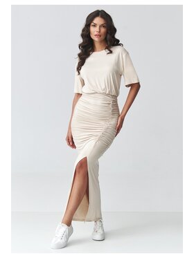 Makadamia Makadamia Sukienka codzienna M930 Beżowy Fitted Fit