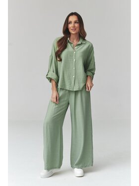 Makadamia Makadamia Komplet koszula i spodnie materiałowe C49 Zielony Loose Fit