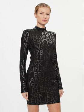 Calvin Klein Jeans Calvin Klein Jeans Vsakodnevna obleka Logo Aop Long Sleeve Dress J20J222989 Črna Slim Fit