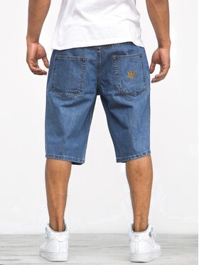 Jigga Wear Jigga Wear Szorty jeansowe Krótkie Spodenki Jeansowe Ze Ściągaczem Męskie Ciemne Niebieskie / Złote Jigga Wear Crown Pocket L Niebieski Regular Fit