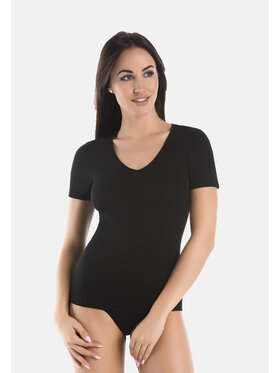 Teyli Teyli T-Shirt Koszulka bawełniana dekolt V Czarny Standard Fit