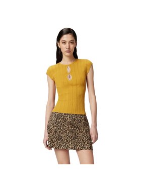PINKO PINKO T-Shirt Tofane maglia ribs trafori + pizzo Żółty Slim Fit