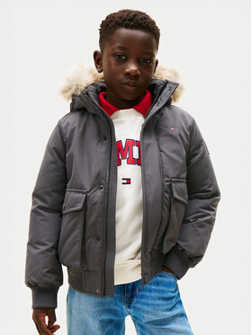 Tommy Hilfiger Tommy Hilfiger Geacă de iarnă Hooded Fake Fur Bomber KB0KB09887 Gri Regular Fit