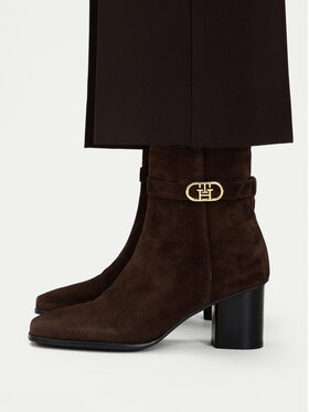 Tommy Hilfiger Tommy Hilfiger Botki Th Strap Suede Block Heel Boot FW0FW09521 Brązowy ciemny