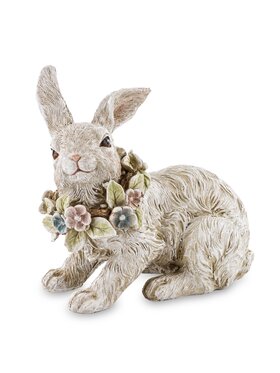 MIAhome MIAhome Figurka królik PELUCHE leżący z wiankiem kwiatów Biały