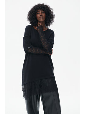 blue shadow blue shadow Sweter Tunika dziewiarska z koronką w rękawach i dole swetra Shila Black - 36/38 Czarny Regular Fit
