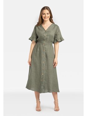Perso Perso Sukienka codzienna lniana z guzikami Khaki Regular Fit